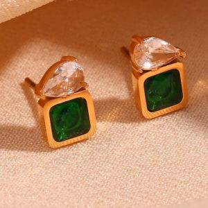 Green Stone & Crystal Stud Earrings