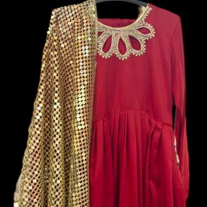 Red Maxi With Golden Heavy Jaal Dupatta