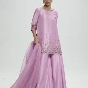 Pastel Pink Embroidered Kurta Set with Flowy Skirt