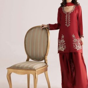 Crimson Red Embroidered Kurta with Straight Pants