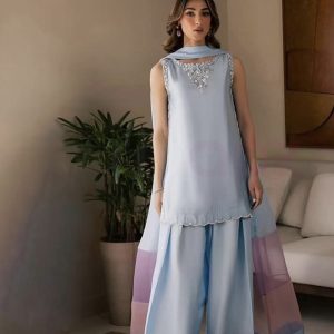 Powder Blue Layered Kurta Set with Sheer Panels