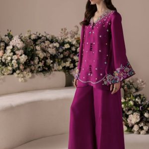 Magenta Embroidered Kurta with Wide-Leg Pants