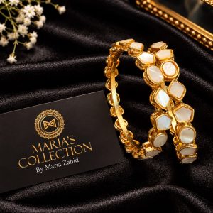Gold-Plated Mother of Pearl (Shell) Geometric Bangles Pair