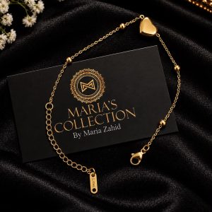 Gold-Plated Stainless Steel Heart & Bead Charm Bracelet