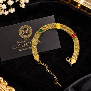 Gold-Plated Stainless Steel Multi-Stone Mesh Bracelet